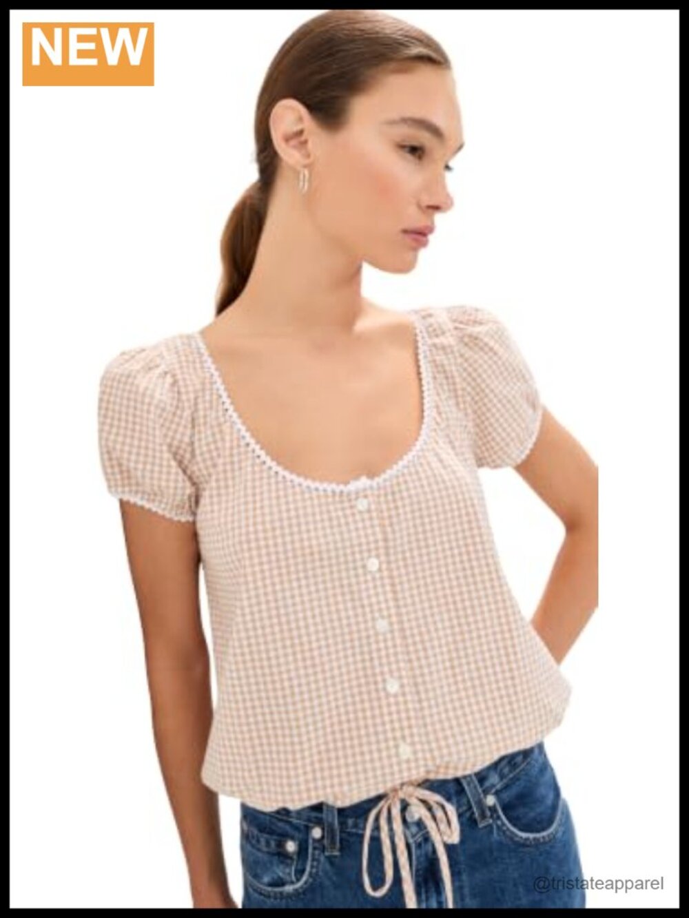 Women's Gingham Babydoll Blouse Cotton Puff Sleeve Button Front